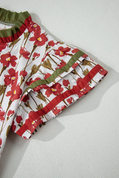 Floral Contrast Trim V-Neck Ruffle Short Sleeve Blouse