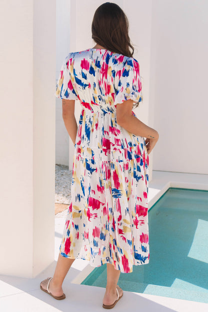 Abstract Short Puff Sleeve Tiered Maxi Dress