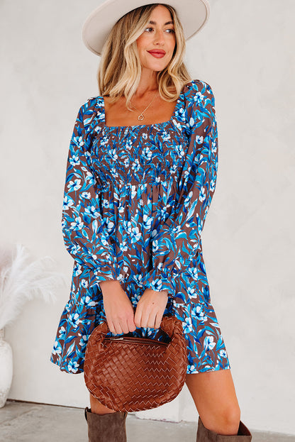Floral Smocked Bodice Ruffle Sleeve Dress