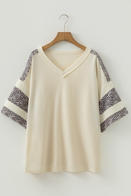 Plus Size Leopard Patchwork V-Neck Short Sleeve Top