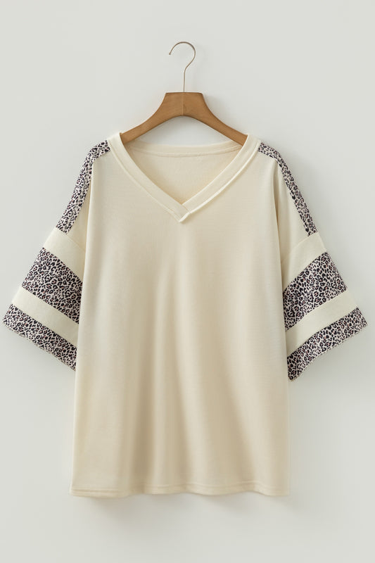Plus Size Leopard Patchwork V-Neck Short Sleeve Top