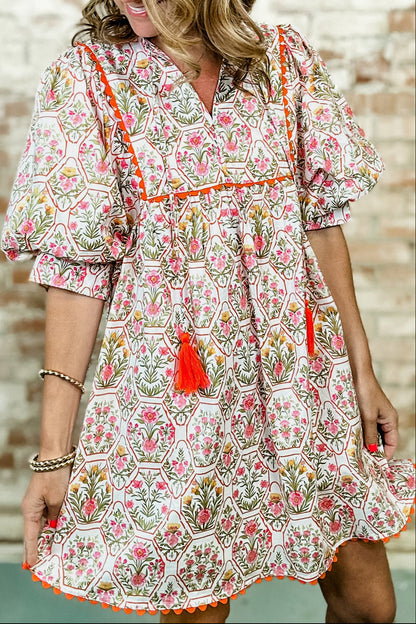 Floral Tassel Tie V-Neck Scalloped Trim Mini Dress