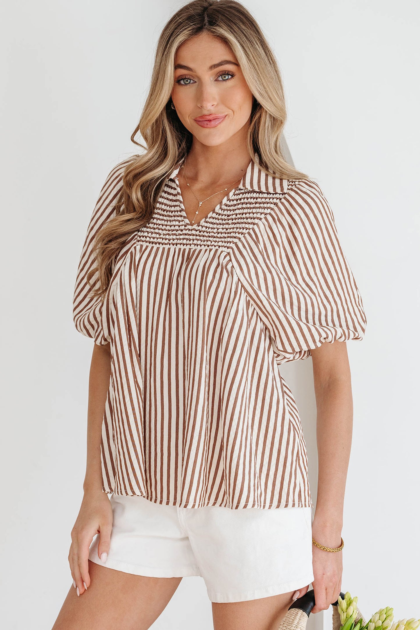 Stripe Shirred V-Neck Short Puff Sleeve Blouse