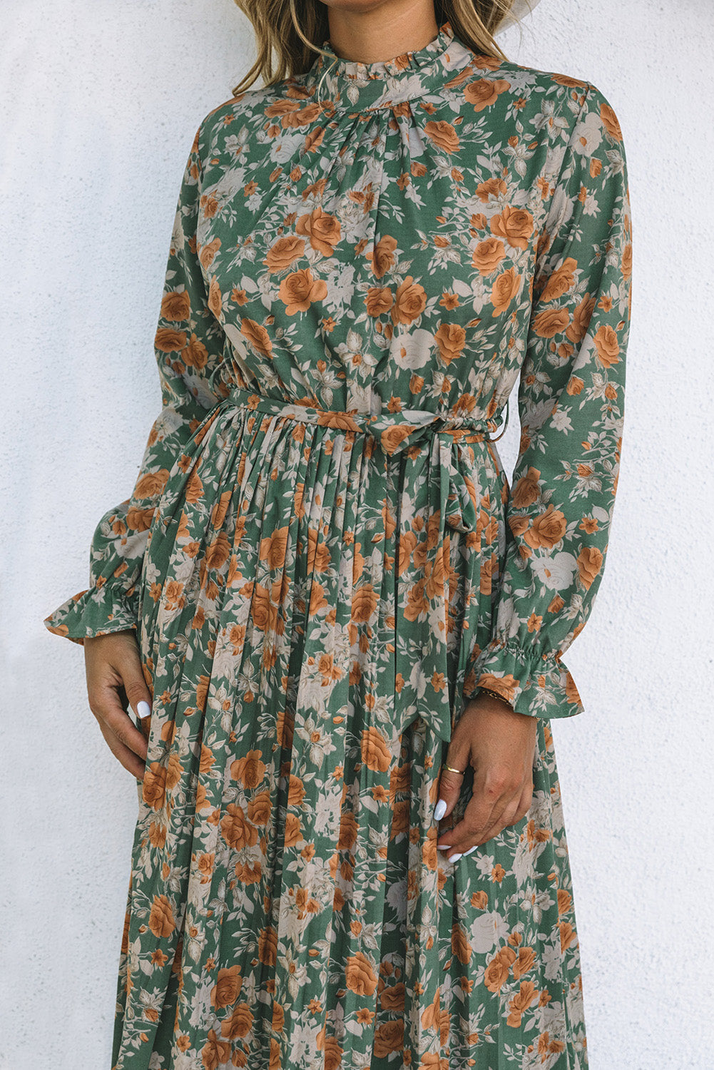 Floral Pleated Long Sleeve Maxi Dress