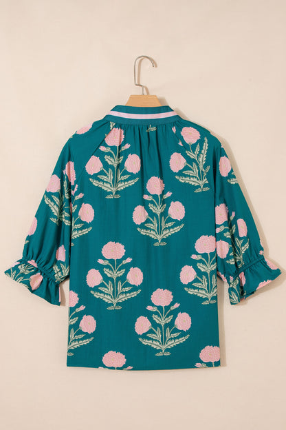 Flower Contrast V-Neck 3/4 Sleeve Blouse