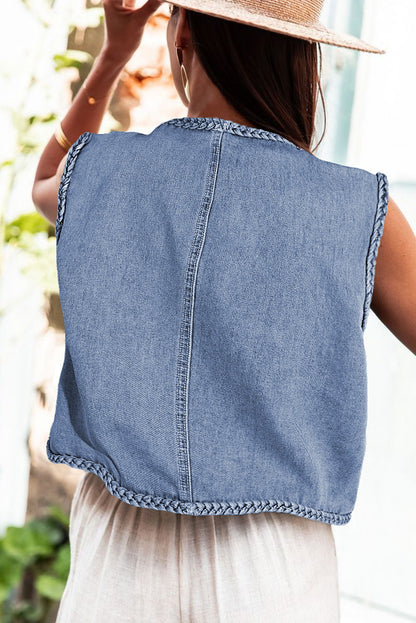 Denim Braided Trim Pocketed Vest