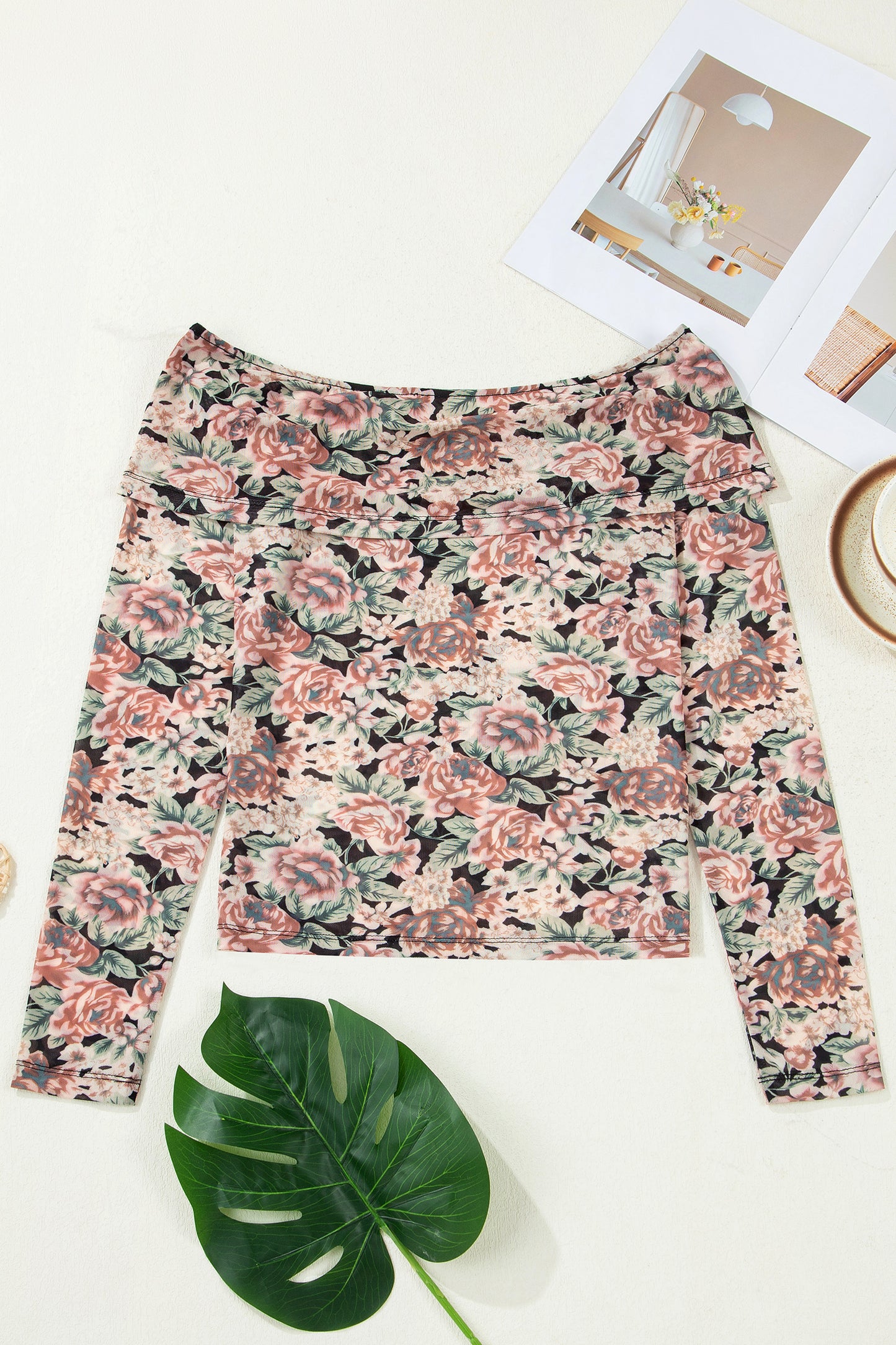 Floral Mesh Off Shoulder Long Sleeve Top