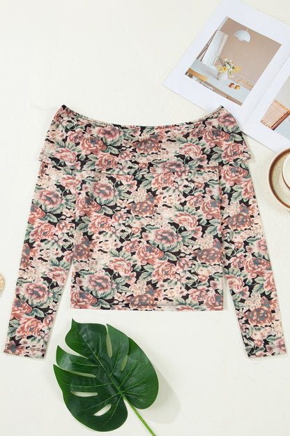 Floral Mesh Off Shoulder Long Sleeve Top