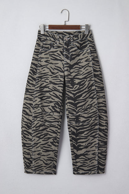 Zebra Stripe Denim Wide Barrel Leg Jeans