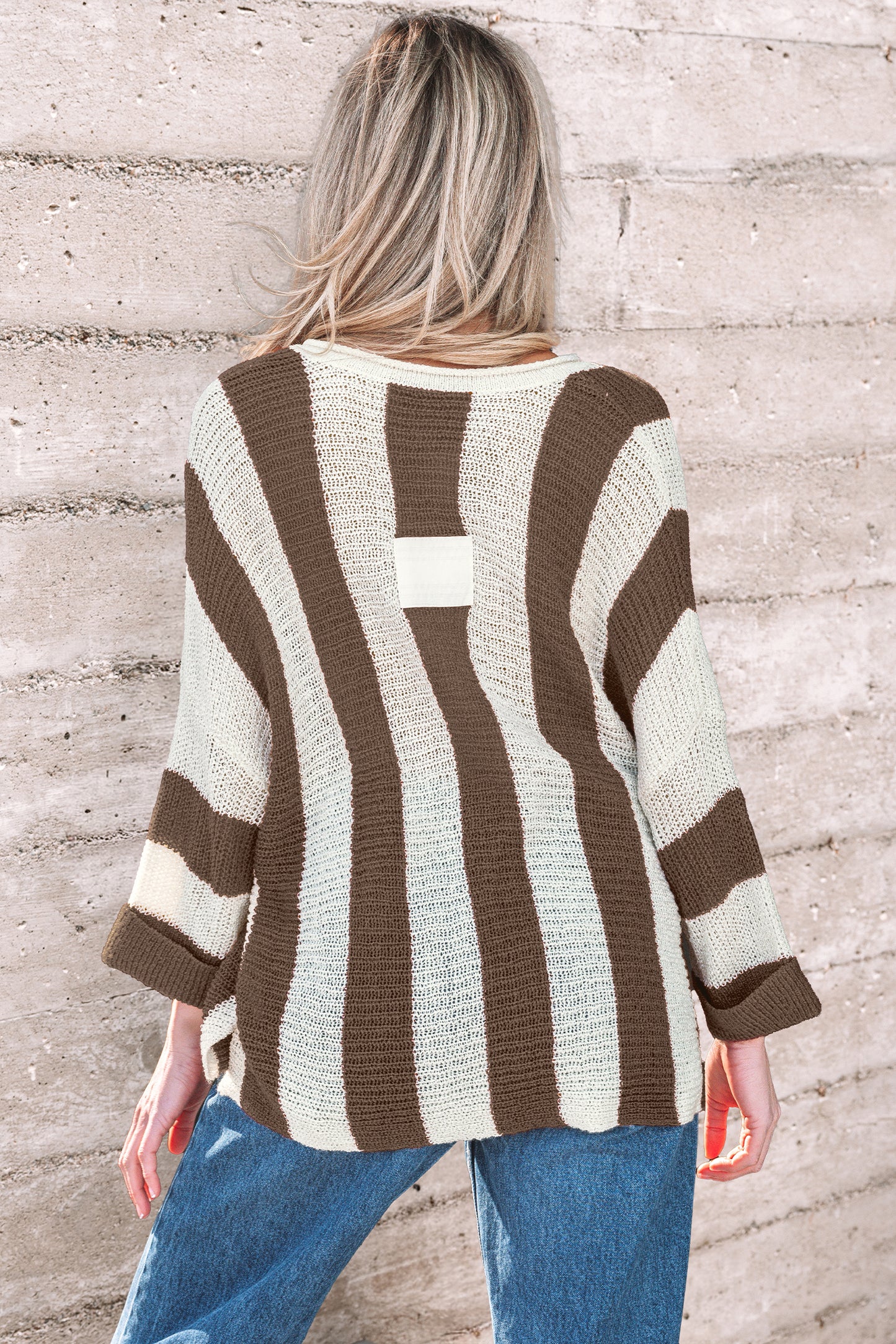 Colorblock Stripe V-Neck 3/4 Sleeve Sweater