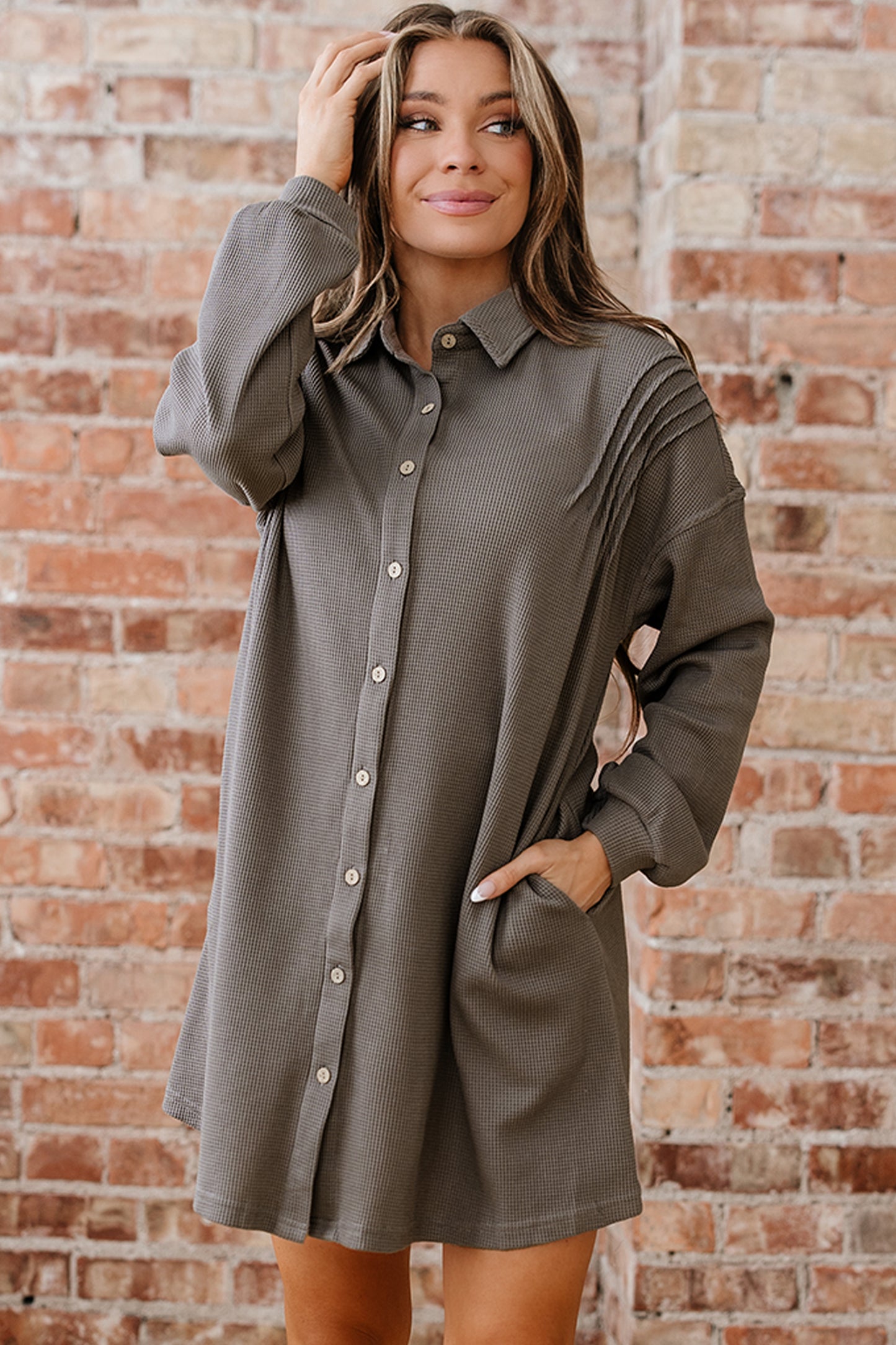Waffle Knit Pleated Drop Shoulder Shirt Dress