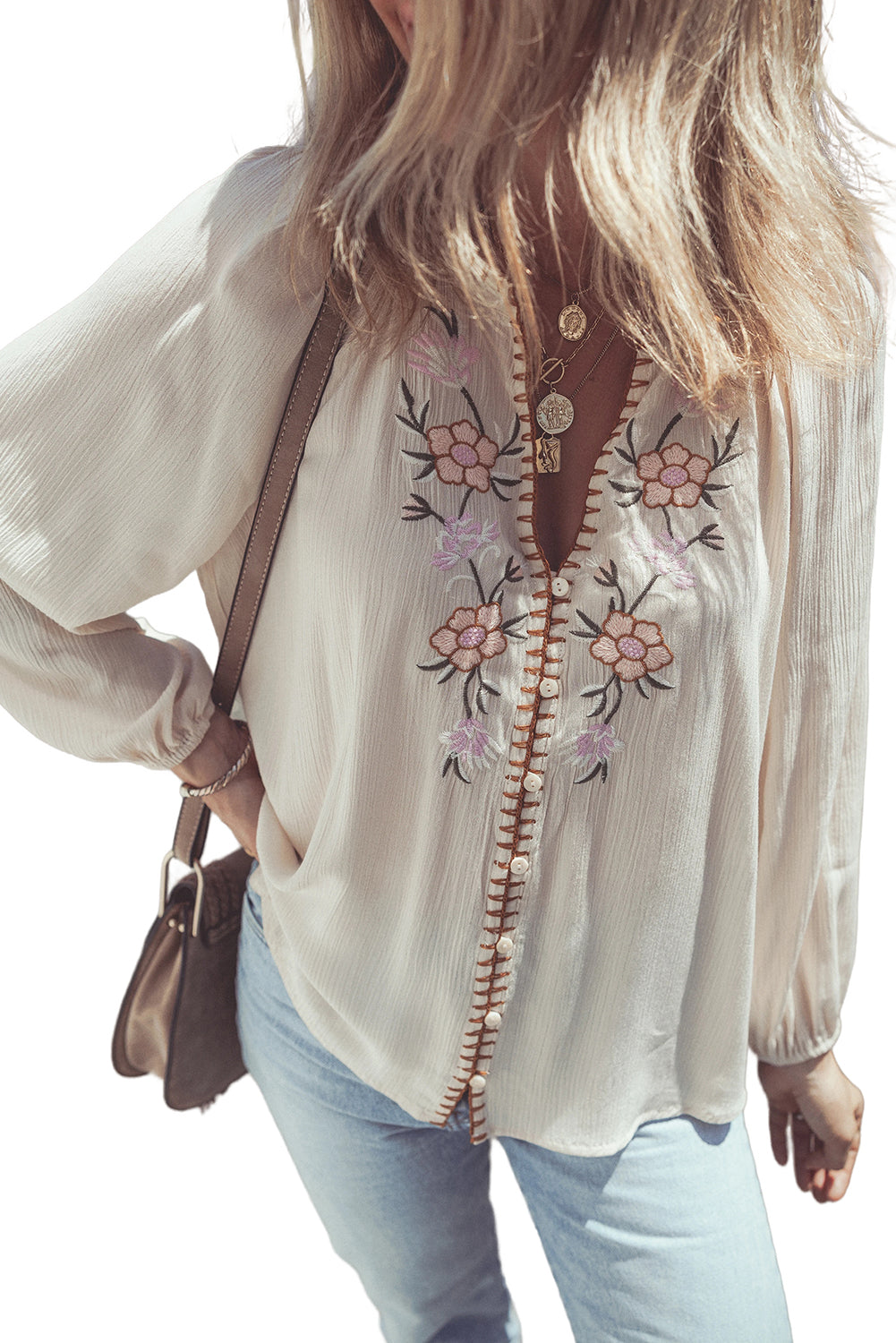 Floral Embroidered Puff Sleeve Shirt