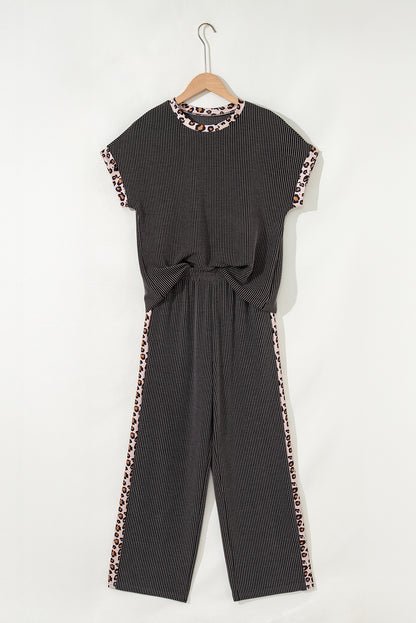 Leopard Patchwork Corded Knit Top & Crop Pants Set
