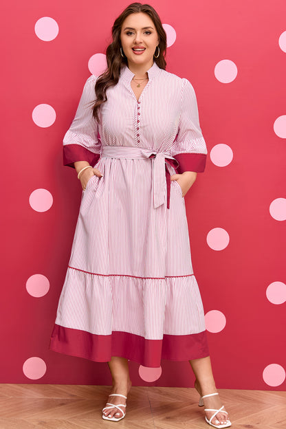 Plus Size Pinstripe Ruffle Hem Midi Dress