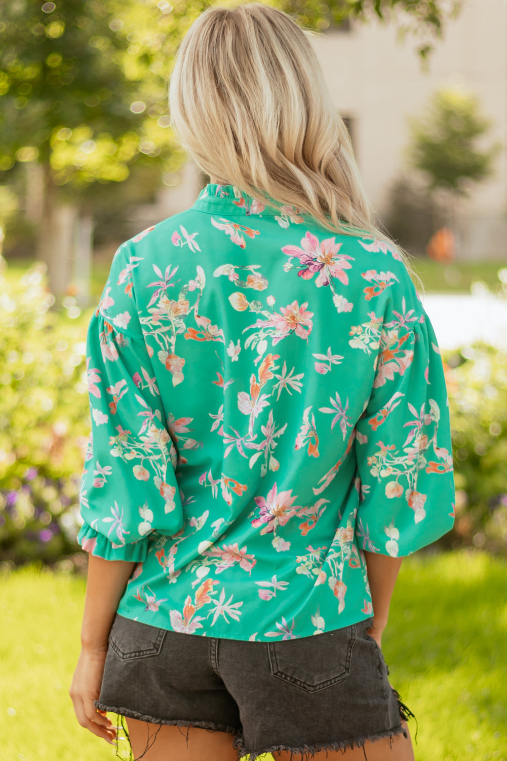 Floral Lantern Sleeve Buttoned Shirt