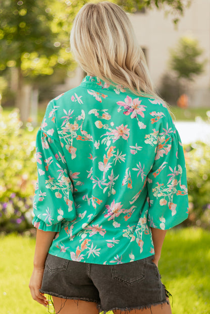 Floral Lantern Sleeve Buttoned Shirt