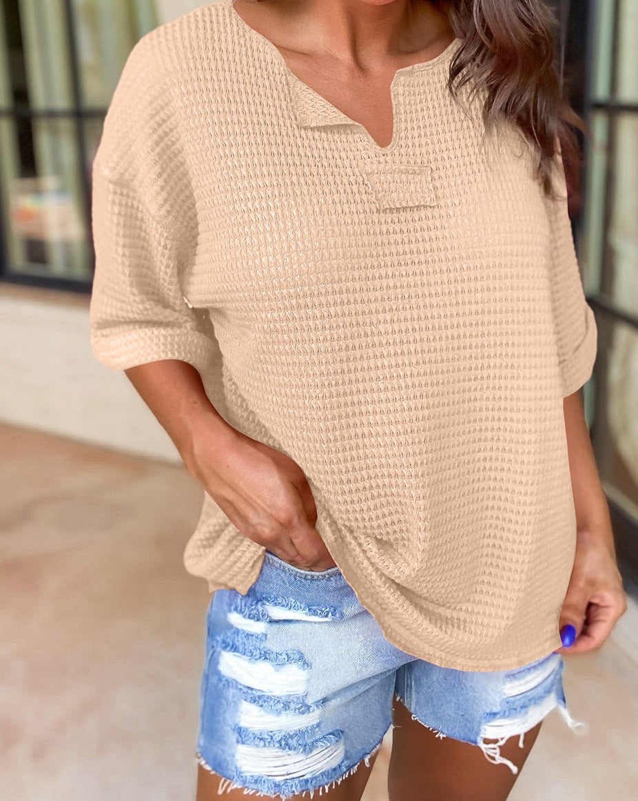 Waffle Cuffed Short Sleeve Top