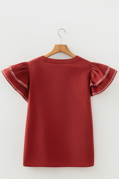 Contrast Trim Flutter Sleeve V-Neck Blouse