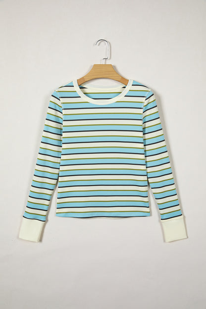 Stripe Round Neck Ribbed Knit Long Sleeve Top