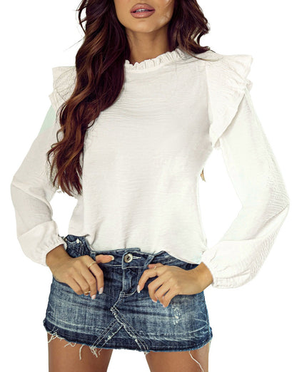 Ruffle Shirred Bubble Sleeve Blouse