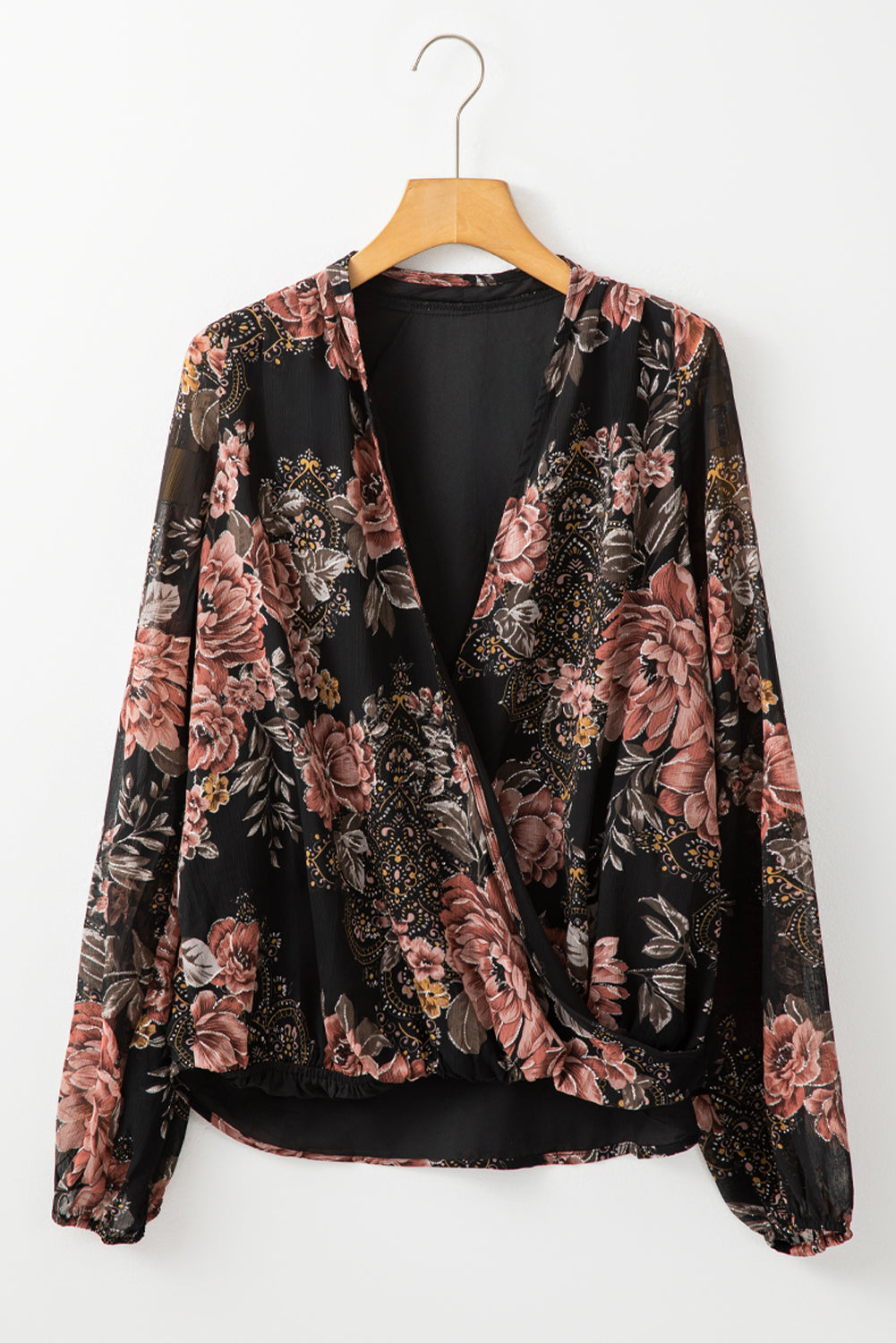 Floral Wrap V-Neck Balloon Sleeve Blouse