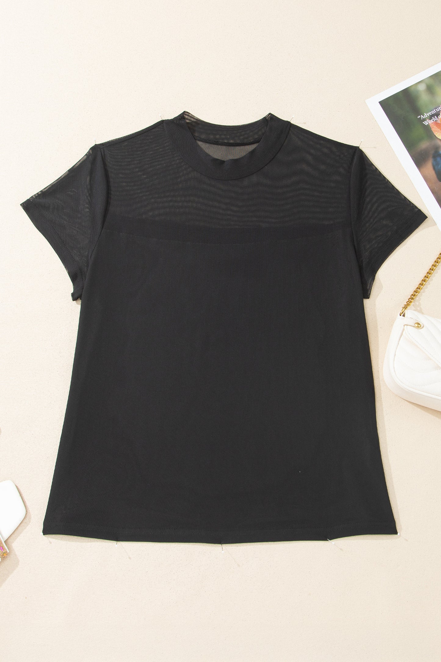 Plus Size Sheer Mesh Panel Short Sleeve Top