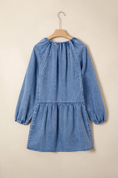 Denim Puff Sleeve Tie V-Neck Ruffle Dress