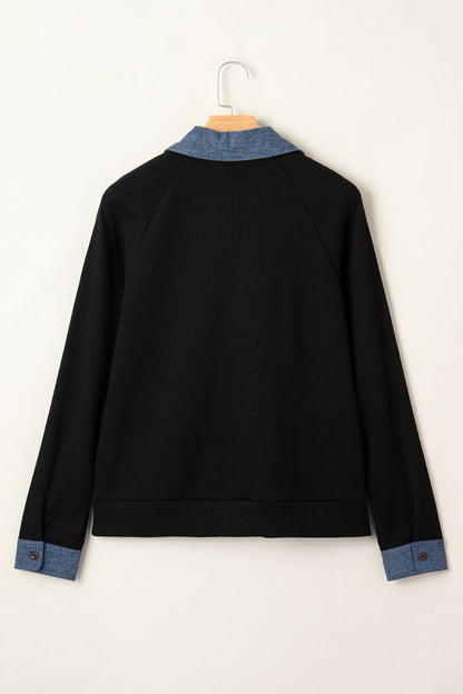 Denim Patchwork Textured Knit Polo Collar Top