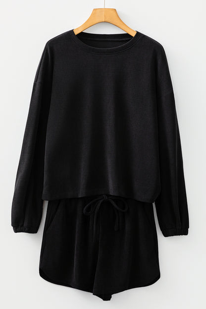 Solid Textured Knit Pullover and Shorts Set