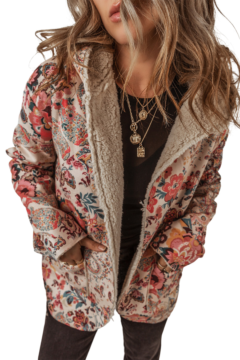 Floral Sherpa Lined Hooded Jacket