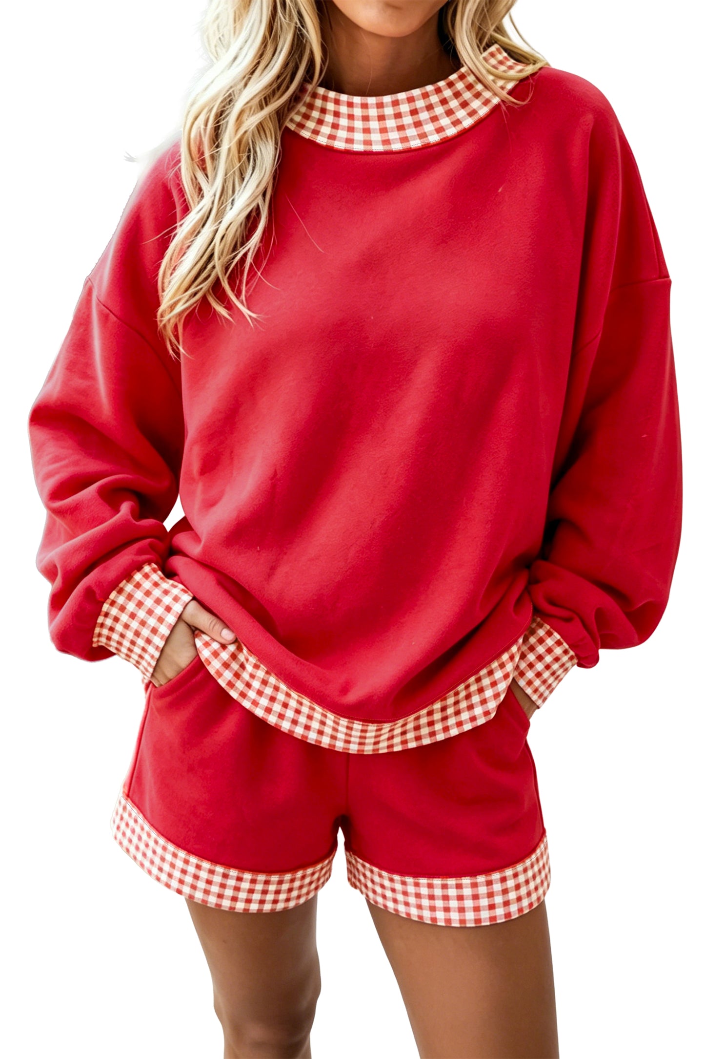 Gingham Trim Long Sleeve Pullover and Shorts Set