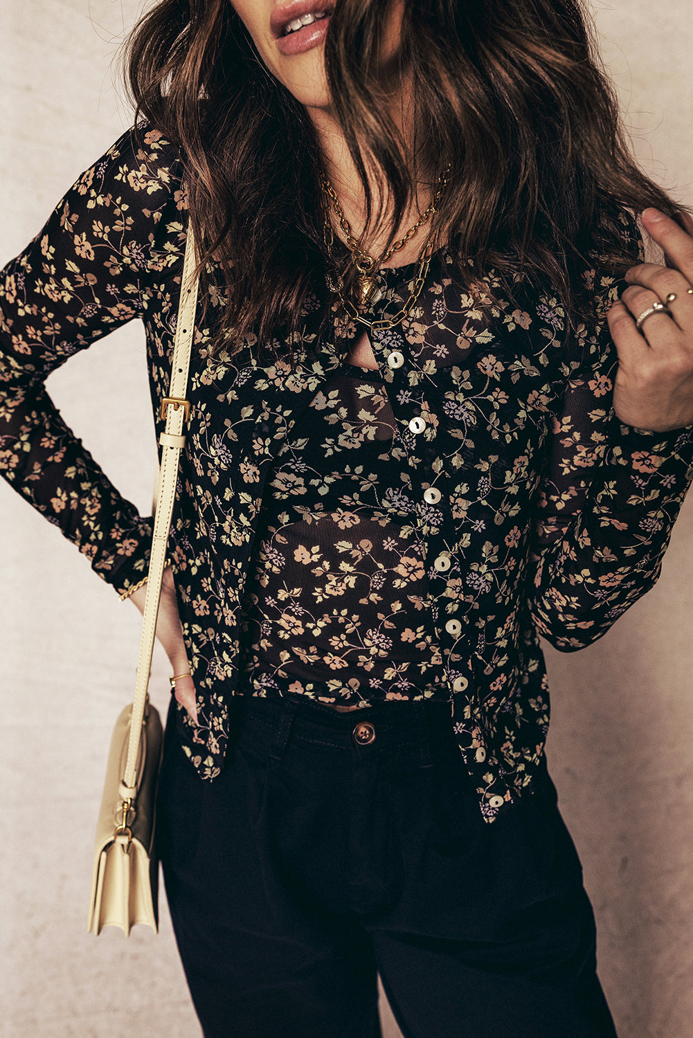 Floral Mesh Tank and Button-Front Cardigan Set