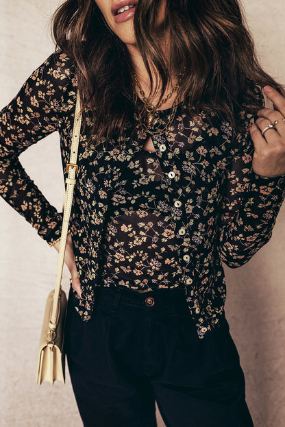 Floral Mesh Tank and Button-Front Cardigan Set