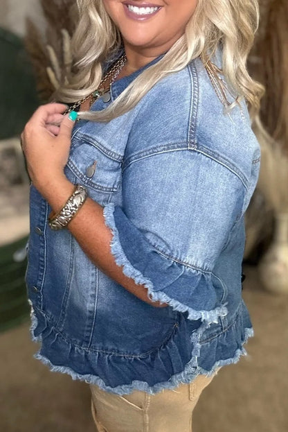 Denim Ruffle Sleeve Jacket Plus Size