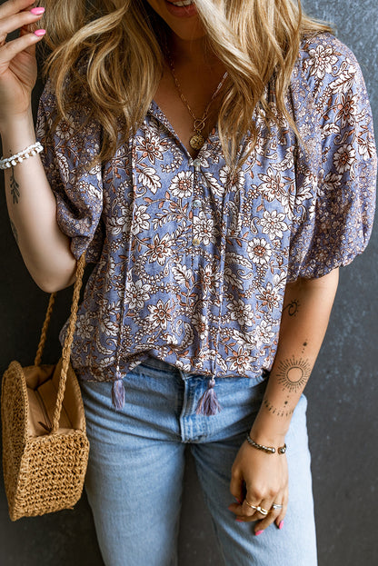 Floral Tassel Bubble Sleeve Blouse