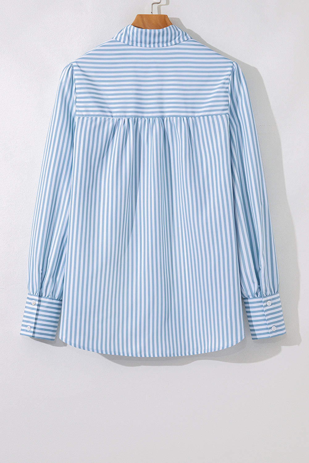 Stripe Shirred Buttoned Collar Long Sleeve Shirt