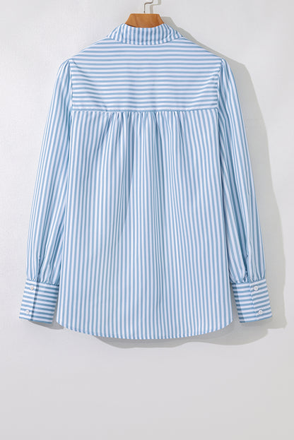 Stripe Shirred Buttoned Collar Long Sleeve Shirt