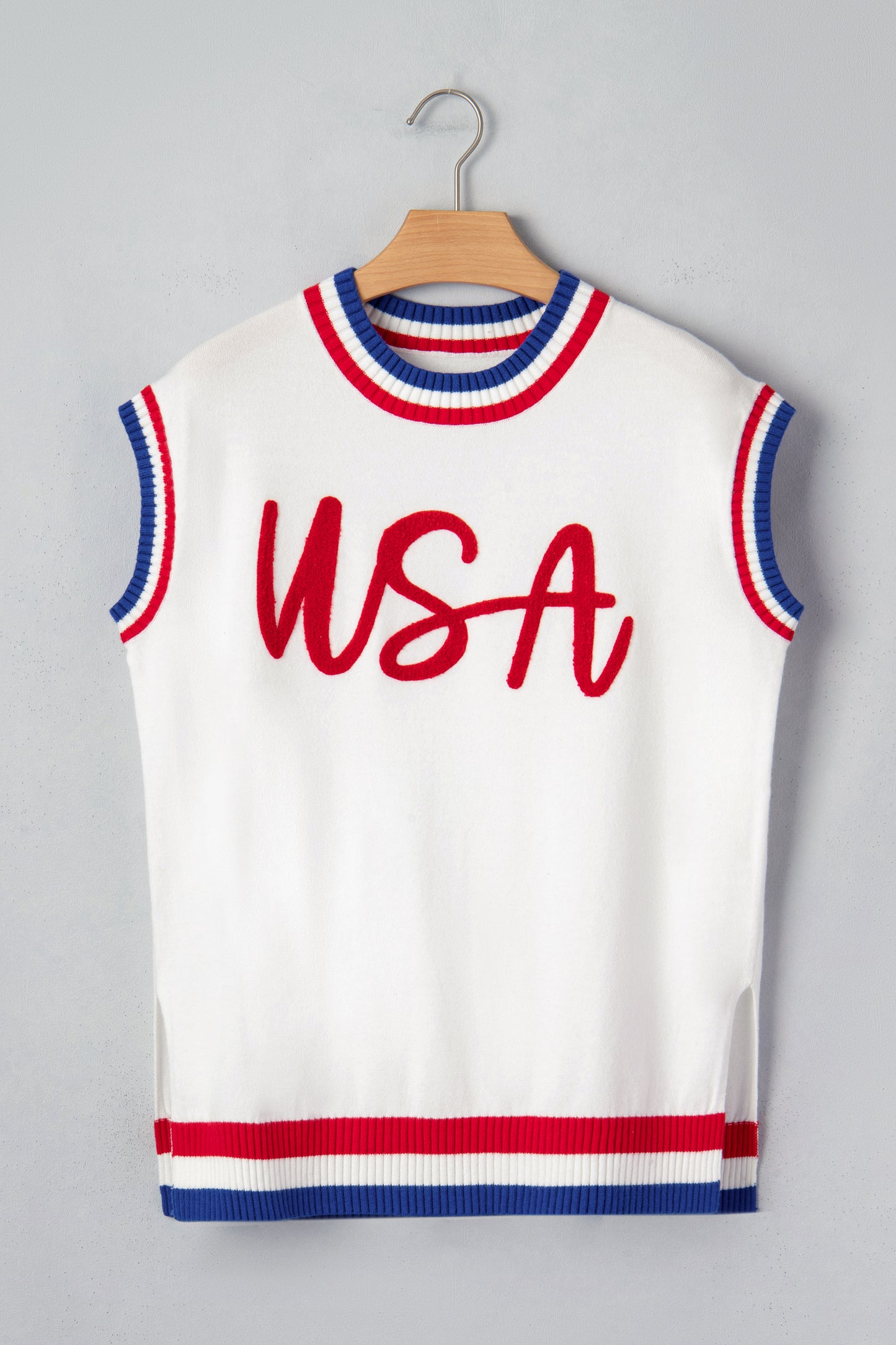 USA Stripe Contrast Trim Short Sleeve Sweater