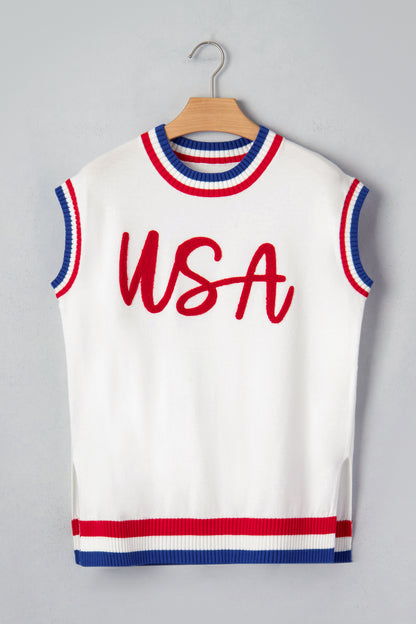 USA Stripe Contrast Trim Short Sleeve Sweater