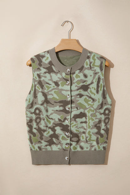 Camo Sleeveless Button Front Sweater Vest