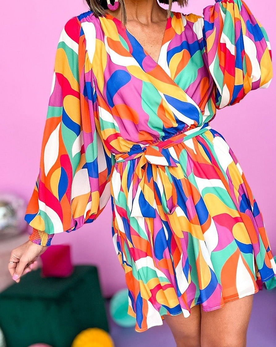 Abstract Belted Puff Sleeve Dress