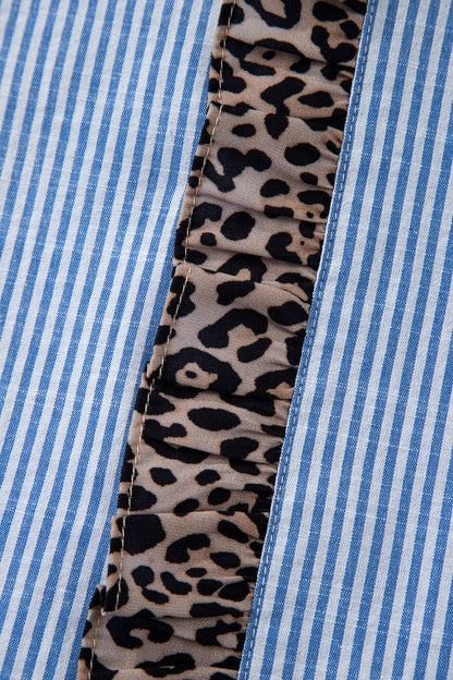 Stripe Leopard Ruffle Long Sleeve Buttoned Shirt