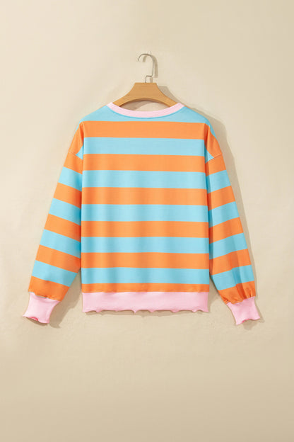 Stripe Colorblock Ribbed Trim Long Sleeve Top