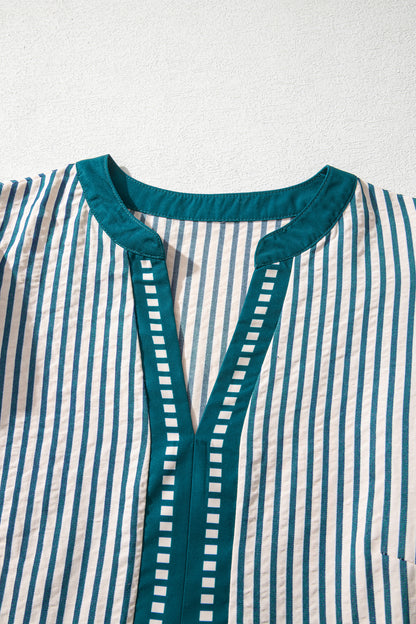 Stripe Ruffle Short Sleeve V-Neck Midi Dress