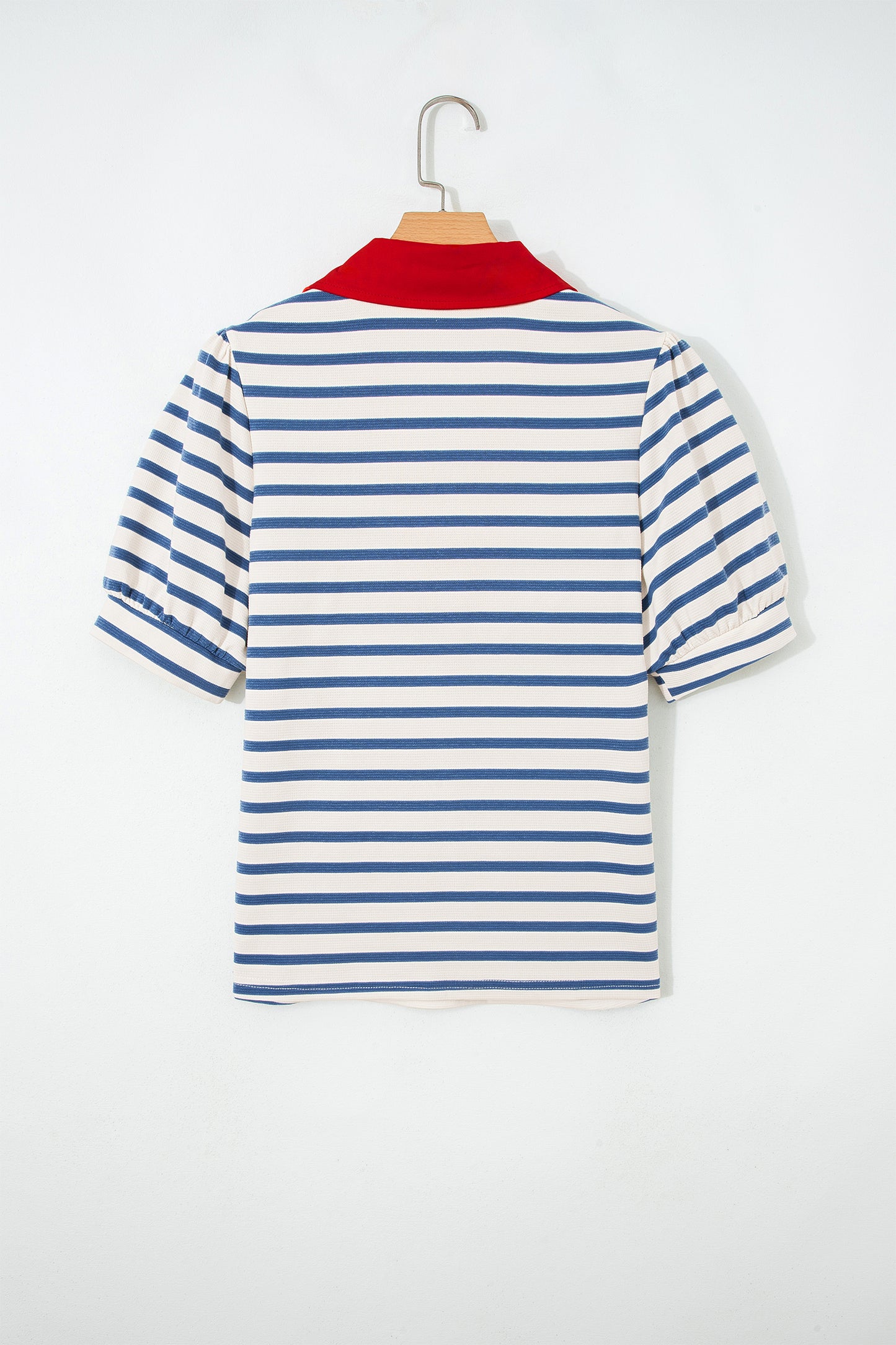 Stripe Colorblock Puff Sleeve Polo Collar Blouse