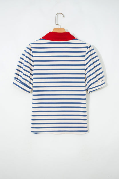 Stripe Colorblock Puff Sleeve Polo Collar Blouse