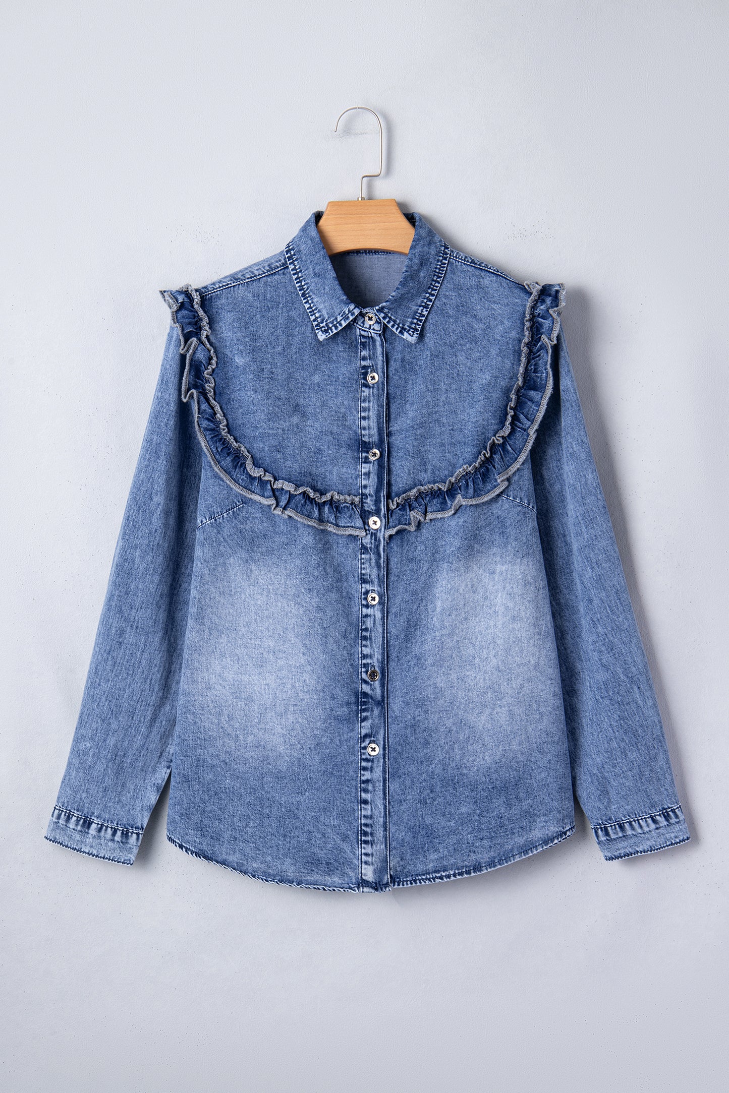 Denim Vintage Wash Ruffle Button-Down Shirt