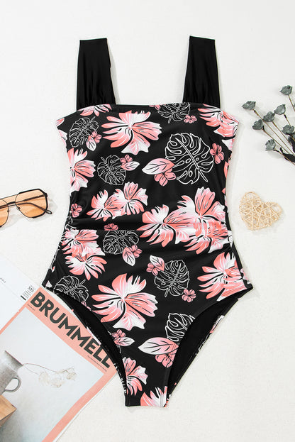 Floral Solid Square Neck Ruched One-Piece Swimsuit