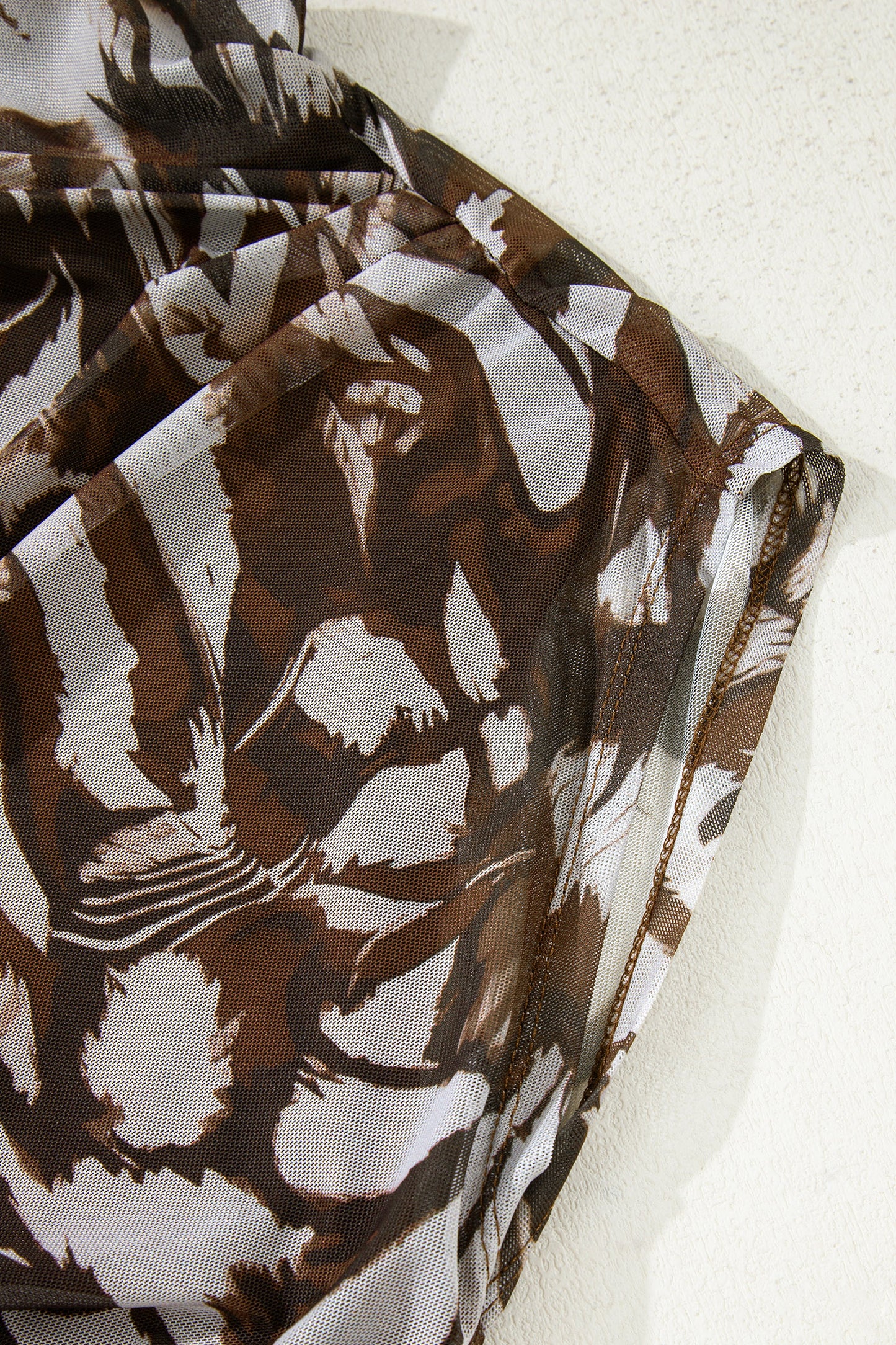 Abstract Mesh Cowl Neck Ruched Slit Midi Dress