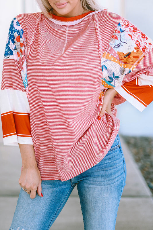 Floral Stripe Colorblock 3/4 Sleeve Oversized